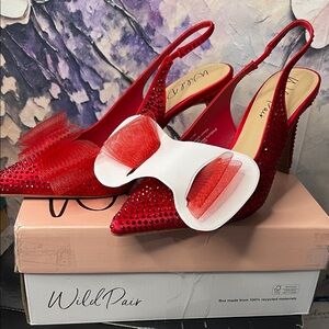 Wild Pair Allegrof Lipstick 💄 Red Jeweled Slingback Pumps with Tulle Bow Accent